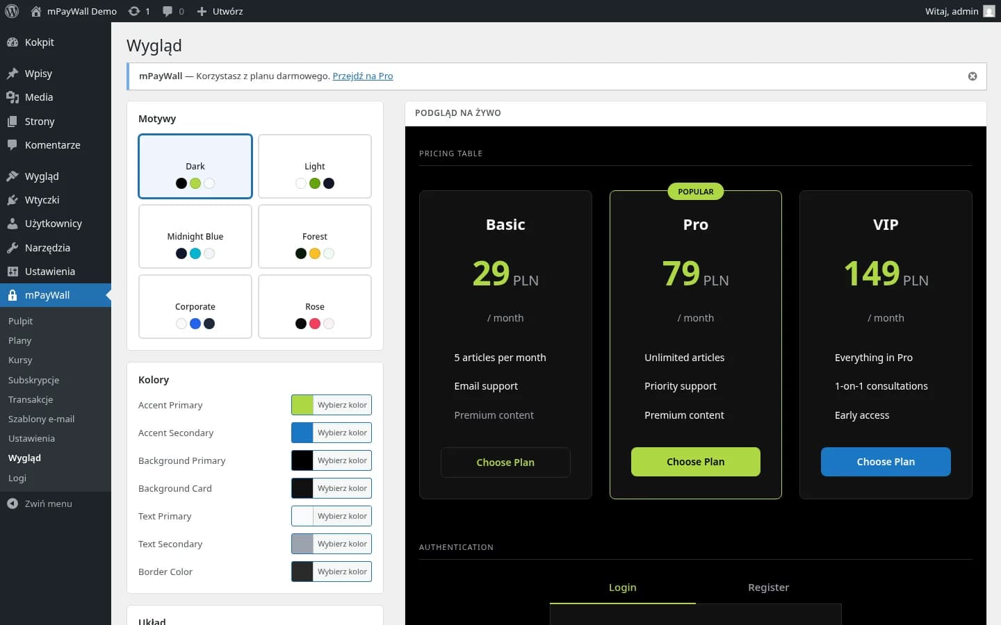 Edytor wyglądu mPayWall z podglądem tabeli cenowej na żywo