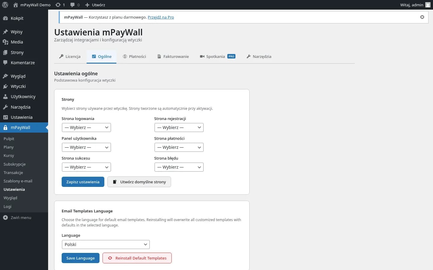 Zakładka Ogólne w ustawieniach mPayWall z konfiguracją stron