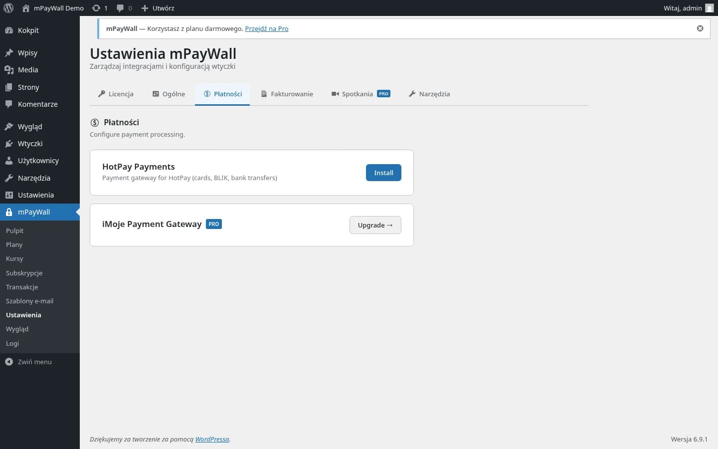 Zakładka Płatności w ustawieniach mPayWall