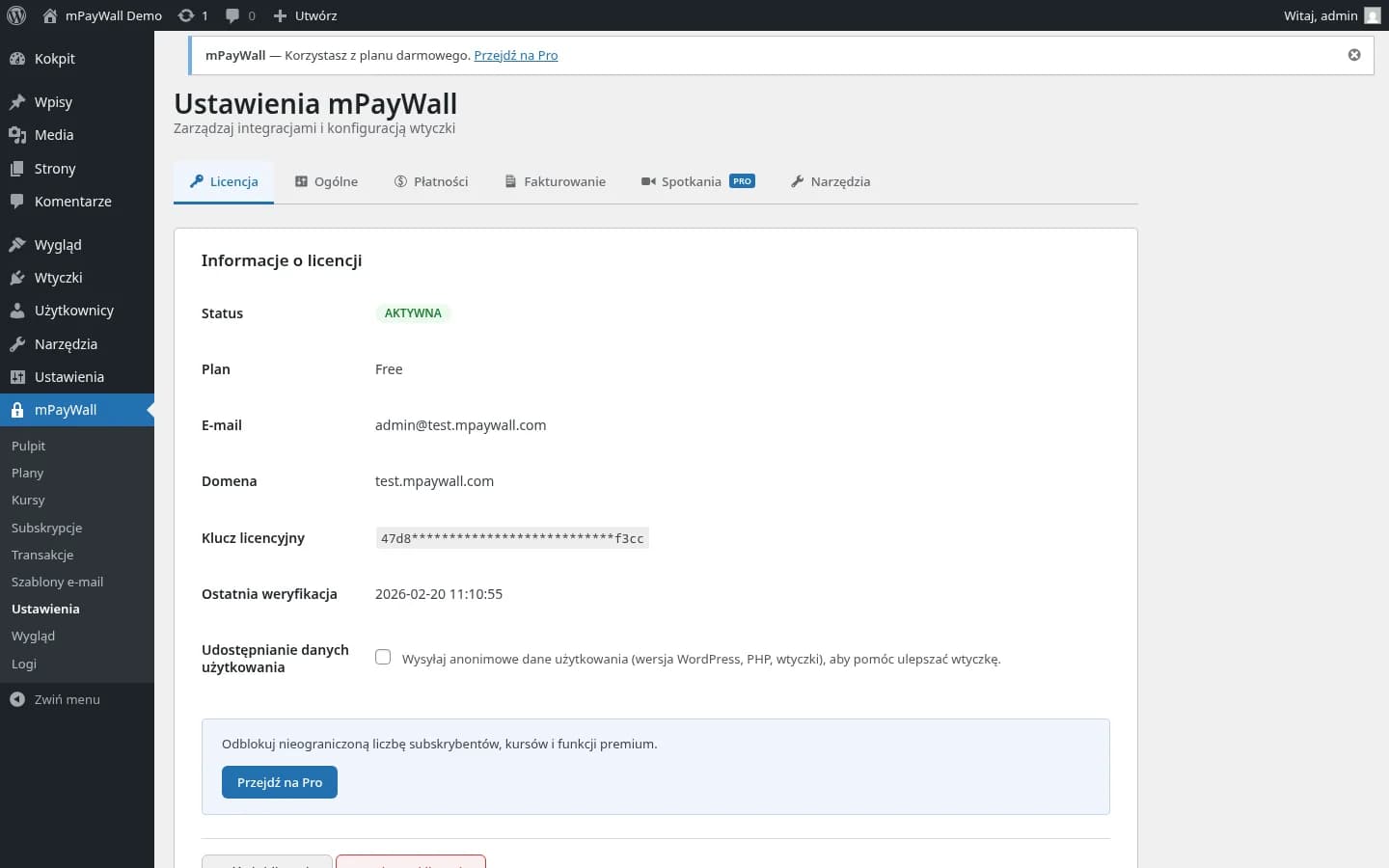 Zakładka Licencja w ustawieniach mPayWall ze statusem AKTYWNA