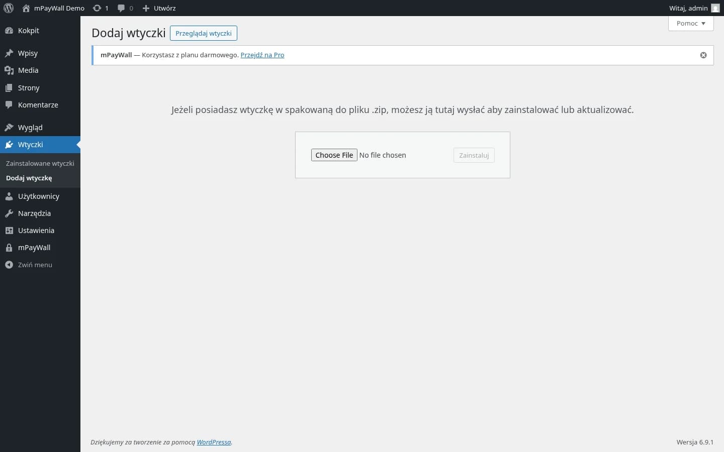 Formularz przesyłania pliku ZIP wtyczki